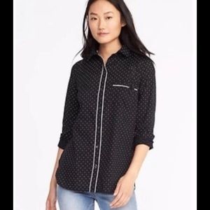 Old Navy Black White Polka Dot Contrast Trim Button Shirt Size XL